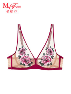 曼妮芬内衣女薄款蕾丝性感透视文胸薄胸罩舒适减压上托20840377 010 白色 80C