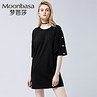 Moonbasa/梦芭莎宽松款肩部金属扣细节五分袖中长款连衣裙 L 黑色