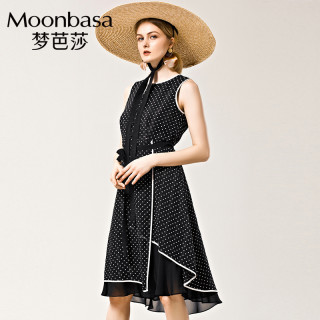 梦芭莎女装夏不规则双层下摆拼接紧身开衩性感雪纺波点连衣裙s白底