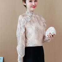 米兰茵 MILANYIN 2019新款宽松百搭立领荷叶边蕾丝衫小衫潮 MLYH547 杏色 L