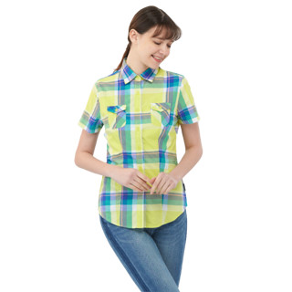 ACOME/阿珂姆户外春夏款女式全棉衬衫格子短袖衬衫AG131C2036 XL/175 黄绿色
