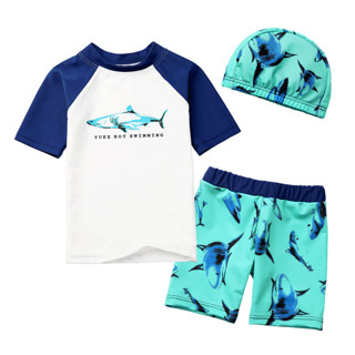 儿童泳衣 男童泳裤泳帽套装 可爱男孩分体宝宝婴儿卡通速干游泳衣 L码（建议身高90-100CM）——舒适感、亲肤柔软 彩色鲨鱼三件套+手臂圈