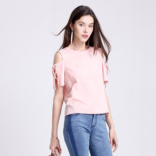 Moonbasa/梦芭莎2018夏装新品拼接圆环绑绳短袖后背叠衩套头女T恤 XL 粉色