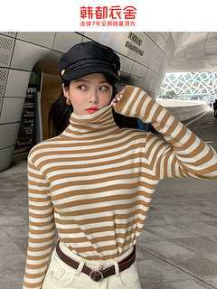 韩都衣舍2020年新款春季修身高领毛衣条纹针织打底衫女JM9925蒖 S 棕色
