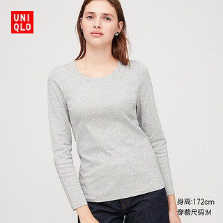 女装 罗纹棉质圆领T恤(长袖) 422692 优衣库UNIQLO 150/76A/XS 21 浅橙色