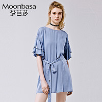Moonbasa/梦芭莎宽松版层叠荷叶边袖中长款连衣裙 S 浅蓝色