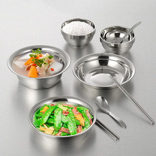 蒂洛克加厚不锈钢餐具不锈钢盘子套餐不锈钢碗筷汤盆双层汤盘圆盘 18件家庭套装