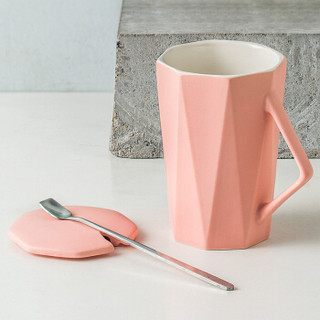 瓷魂 简约创意办公室喝水杯子马克杯带盖带勺陶瓷杯牛奶杯 菱形咖啡杯情侣早餐杯370ml 粉色