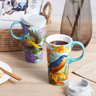 爱屋格林马克杯创意情侣水杯咖啡杯办公室陶瓷杯带盖对杯送礼 雀上枝头(礼盒装）
