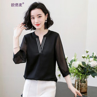 欧偲麦 雪纺衫衬衫女2019夏季新款韩版时尚纯色短袖T恤上衣大码百搭洋气小衫 ZY-5330 黑色 2XL