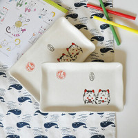 萌可日式餐具陶瓷手绘寿司盘招财猫卡通长方形创意烧烤盘小吃碟8英寸2只装