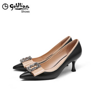 金利来（goldlion）女士尖头浅口单水钻方扣装饰职业工作细高跟鞋69591011901P-黑色-37码