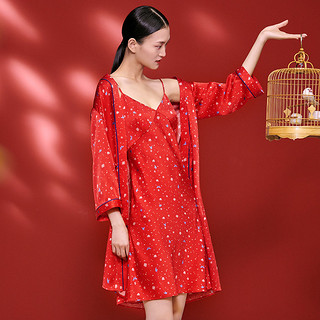 曼妮芬颐和园合作款 喜相逢套装 100%真丝数码印花中国红桑蚕丝 160 040 红色套装吊裙+外披