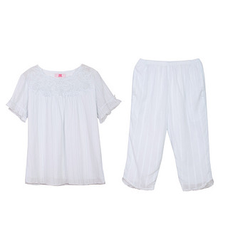 达尔丽家居专柜夏季梭织贡缎纯棉绣花白色女士短袖睡衣套装薄款 M 白色T871219