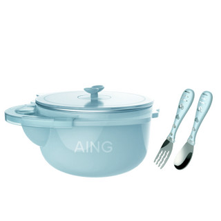 爱音（Aing)儿童不锈钢注水保温碗餐具套装吸盘碗宝宝辅食碗训练碗 蓝色3件套