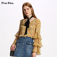 5+FIVE PLUS 新款女装雪纺衬衫女荷叶边喇叭袖碎花上衣长袖薄款 XS 黑色090