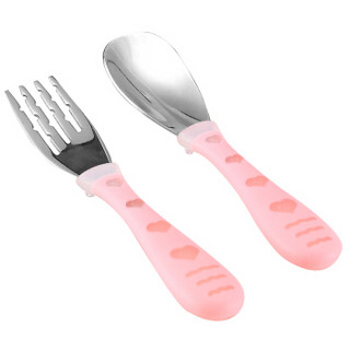 好伊贝 婴儿辅食勺子不锈钢喂养汤米糊训练勺儿童叉子2件套装 粉色