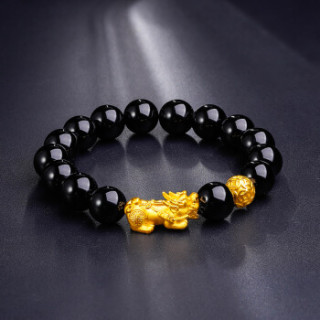 鸣钻国际 黄金手链男款 貔貅黑玛瑙男士款 3d硬足金转运珠手串硬金