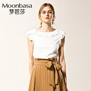Moonbasa/梦芭莎优雅清凉荷叶边落肩宽松无袖T恤女短款夏季新款 M 米白色