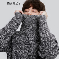 Markless 30%羊毛男士高领毛衣加厚修身针织衫青年毛线MSA7703M 黑白色 180/XL