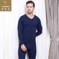 纤丝鸟 TINSINO 秋衣秋裤 男士女士薄款保暖内衣套装弹力柔棉V领圆领棉莱卡保暖衣保暖裤 深海蓝WHY9029 XL