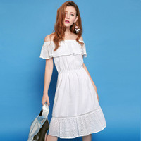 La Chapelle拉夏贝尔 Puella 20010095 荷叶边镂空纯色一字领连衣裙