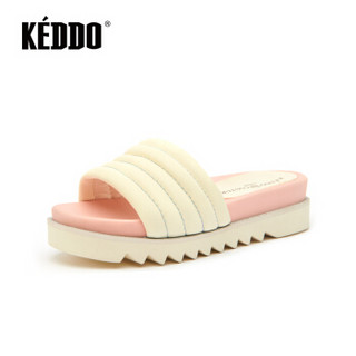 KEDDO 韩版外穿厚底平跟女士沙滩一字拖 CN098KD108/03KD 粉色弹力布 35