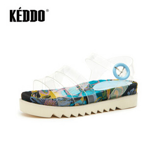 KEDDO 抖音风透明韩版港味厚底露趾PVC凉鞋 CN098KD108/02KD 蓝色花布 36