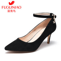 富贵鸟（FUGUINIAO）女单鞋高跟一字带休闲百搭绒面时尚舒适F99Y005S 黑色 36