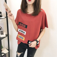 朗悦女装短袖T恤女韩版破洞学生t恤2019夏季新款宽松中长款打底衫LWTD183225红色L
