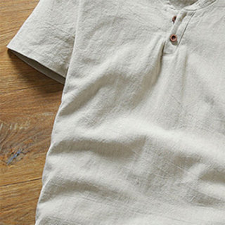 北极绒（Bejirong）亚麻T恤 2019夏季新款体恤半袖中国风透气棉麻t恤短袖男 T202 杏色 M