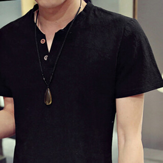 俞兆林（YUZHAOLIN）T恤套装 男士时尚潮流棉麻纯色V领短袖套装A082-A24黑色M