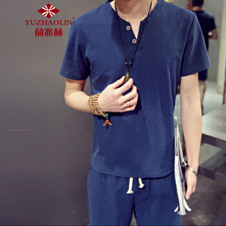 俞兆林（YUZHAOLIN）T恤套装 男士时尚潮流棉麻纯色V领短袖套装A082-A24藏青色XL