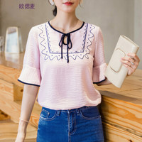 欧偲麦 喇叭袖衬衫女夏季2018雪纺衬衣领口圆领韩版宽松修身显瘦时尚 1280 粉色 2XL
