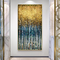 金色发财树对门玄关装饰画轻奢艺术现代简约竖版楼梯进门挂画抽象