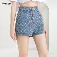 Menyer牛仔短裤女2020夏季宽松高腰蓝色牛仔裤新款印花设计裤子女