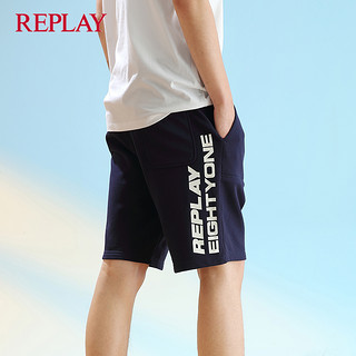 REPLAY新款2020夏男装休闲运动字母印花口袋弹力系带卫衣短裤
