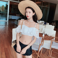 亦美珊 YI MEI SHAN 泳衣韩版女原宿韩国学生 保守分体小胸聚拢性感一字肩甜美游泳衣 YMS188428 白色 L