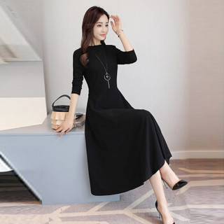 米兰茵（MILANYIN）女装 2019年春季圆领长袖长裙拉链X型舒适修身纯色连衣裙 ML19052 黑色 XL