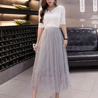 薇图（vitto）女装 2019年夏季百褶高腰网纱A字裙超仙中长款半身裙 xbVT516 灰色 均码