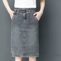 BANDALY 2019夏季新品女装半身裙松紧腰牛仔女中长款高腰a字大码修身包臀短裙 HZDF111-787 788烟灰色 27