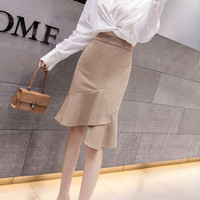 薇图（vitto）女装 2019年夏高腰chic中长款不规则包臀纯色鱼尾半身裙 xbVT508 卡其色 L
