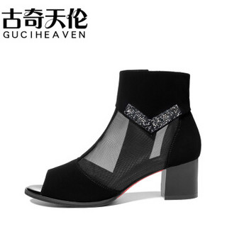 古奇天伦 GUCIHEAVEN 时尚百搭鱼嘴粗跟侧拉链纯色防水台凉鞋  9314 黑色 34