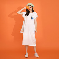 chuu长款T恤裙2020夏季新款韩版学生圆领印花宽松过膝连衣裙白色