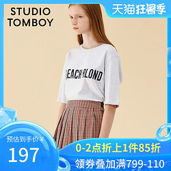 STUDIO TOMBOY 夏季女装韩版圆领字母印花全棉白色短袖T恤可内搭