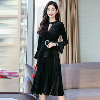 米兰茵（MILANYIN）女装 2019年春季纯色圆领套头单件长袖中长款X型荷叶袖连衣裙 ML19050 黑色 2XL