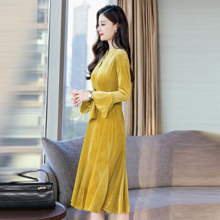 米兰茵（MILANYIN）女装 2019年春季纯色圆领套头单件长袖中长款X型荷叶袖连衣裙 ML19050 黄色 M