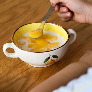 蓝莲花双耳陶瓷日式复古饭碗可爱早餐碗家用汤碗下午茶麦片碗碟