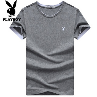 花花公子 PLAYBOY T恤 男士休闲圆领短袖时尚百搭t恤 灰色 2XL