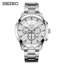 精工（SEIKO）男表 三眼计时100米防水商务休闲时尚魅白盘钢带石英表  SKS601P1